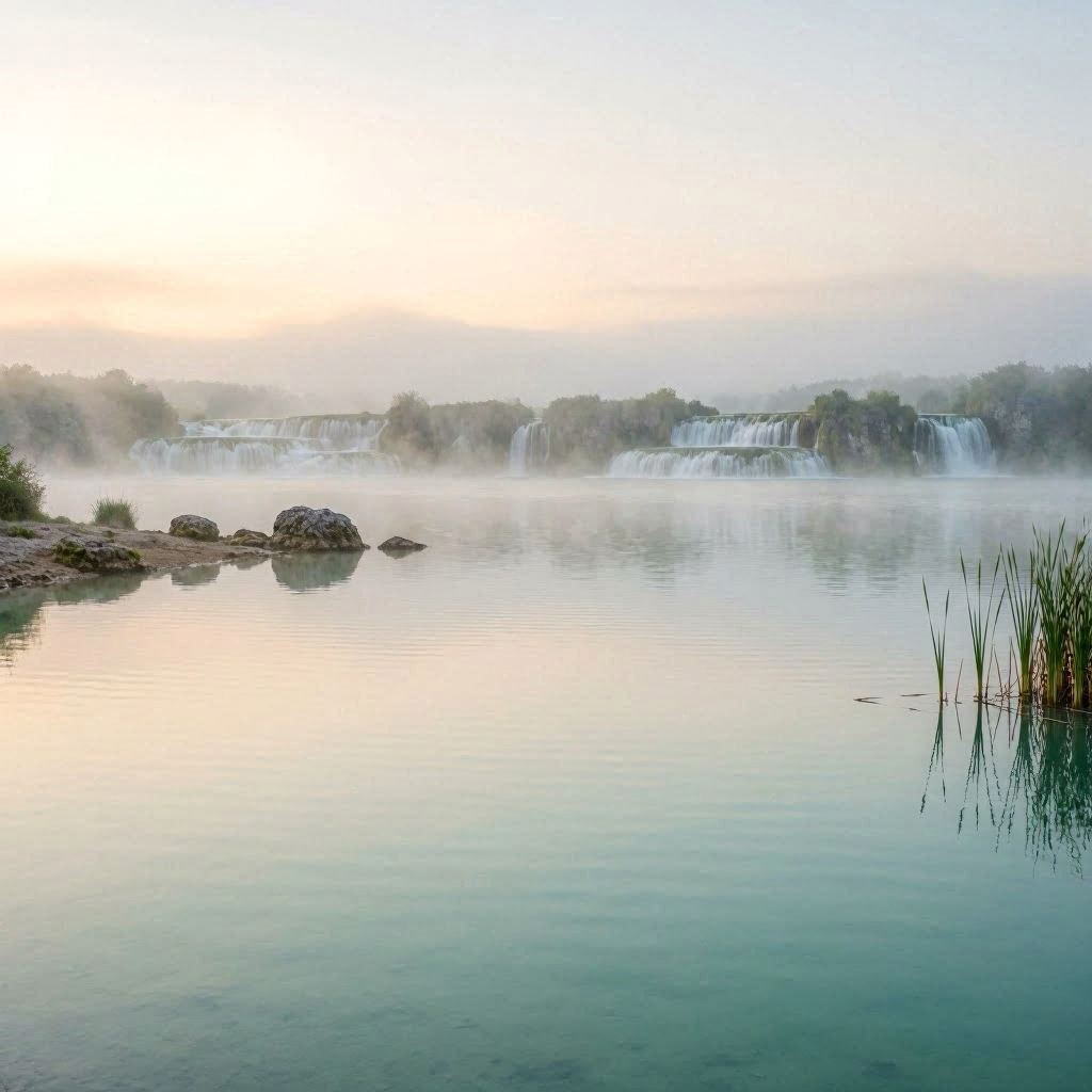 Early morning mist drifting over still turquoise waters at Plitvička jezera, faint silhouettes of waterfalls in the distance, soft pastel sky reflecting on the lake, minimalist composition captured with a 100mm macro-telephoto hybrid lens for layered depth, muted earth tones for serenity.