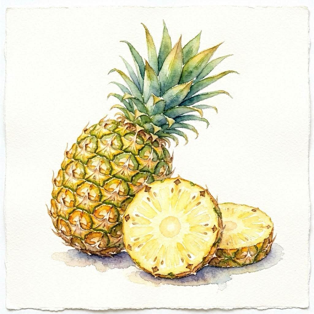 An artistic watercolor painting of a whole pineapple with two slices beside it, delicate brush strokes blending warm yellows and greens, set against a textured ivory paper background, soft pastel tones, inspired by botanical illustration style.
