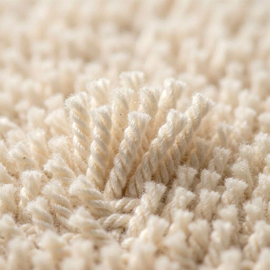 An extreme macro close-up of a plush carpet fiber in soft cream tones, revealing intricate weave patterns and delicate texture, bathed in gentle side lighting to emphasize depth, captured with a 100mm macro lens at f/2.8 for shallow depth of field and creamy bokeh background.