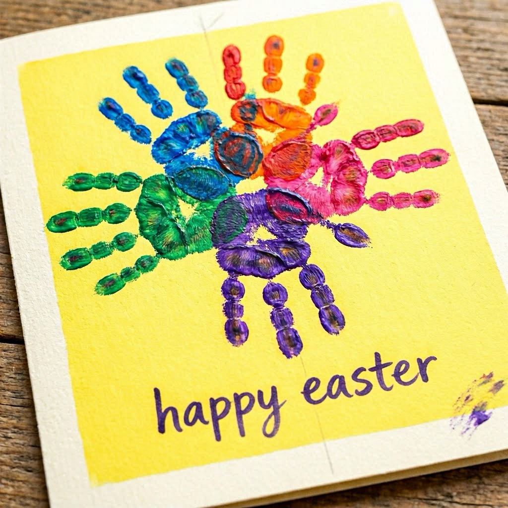 A single EYFS Easter card with a yellow background, showcasing a cross made from multicolored handprints, 'happy EASTER' written below in cursive, softly lit with diffused window light, rich rainbow hues, close-up macro shot highlighting texture of paint and paper fibers.