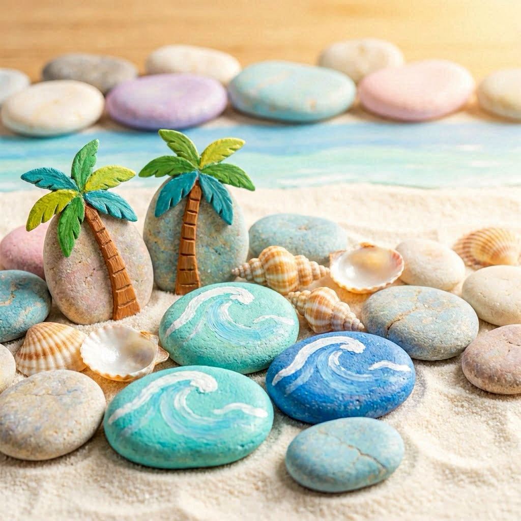 A collection of mix and match painted rocks arranged to form a vibrant beach scene, with seashells, waves, and palm trees, set on fine white sand under soft golden hour light, captured in high-resolution macro photography with shallow depth of field and warm pastel tones.