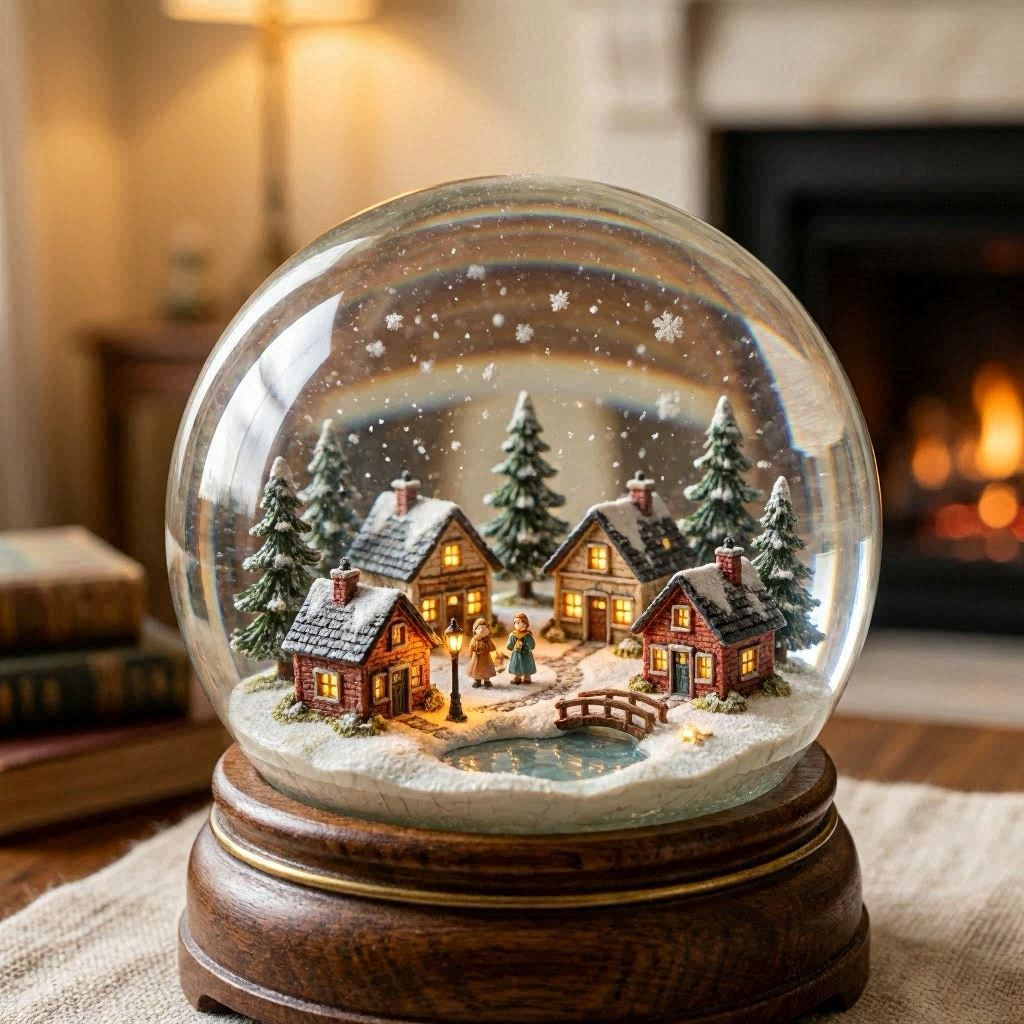 A whimsical snow globe containing a miniature winter village, tiny lights glowing warmly inside, surrounded by softly falling snowflakes, cozy indoor lighting, close-up shot with macro lens capturing intricate details of the scene.