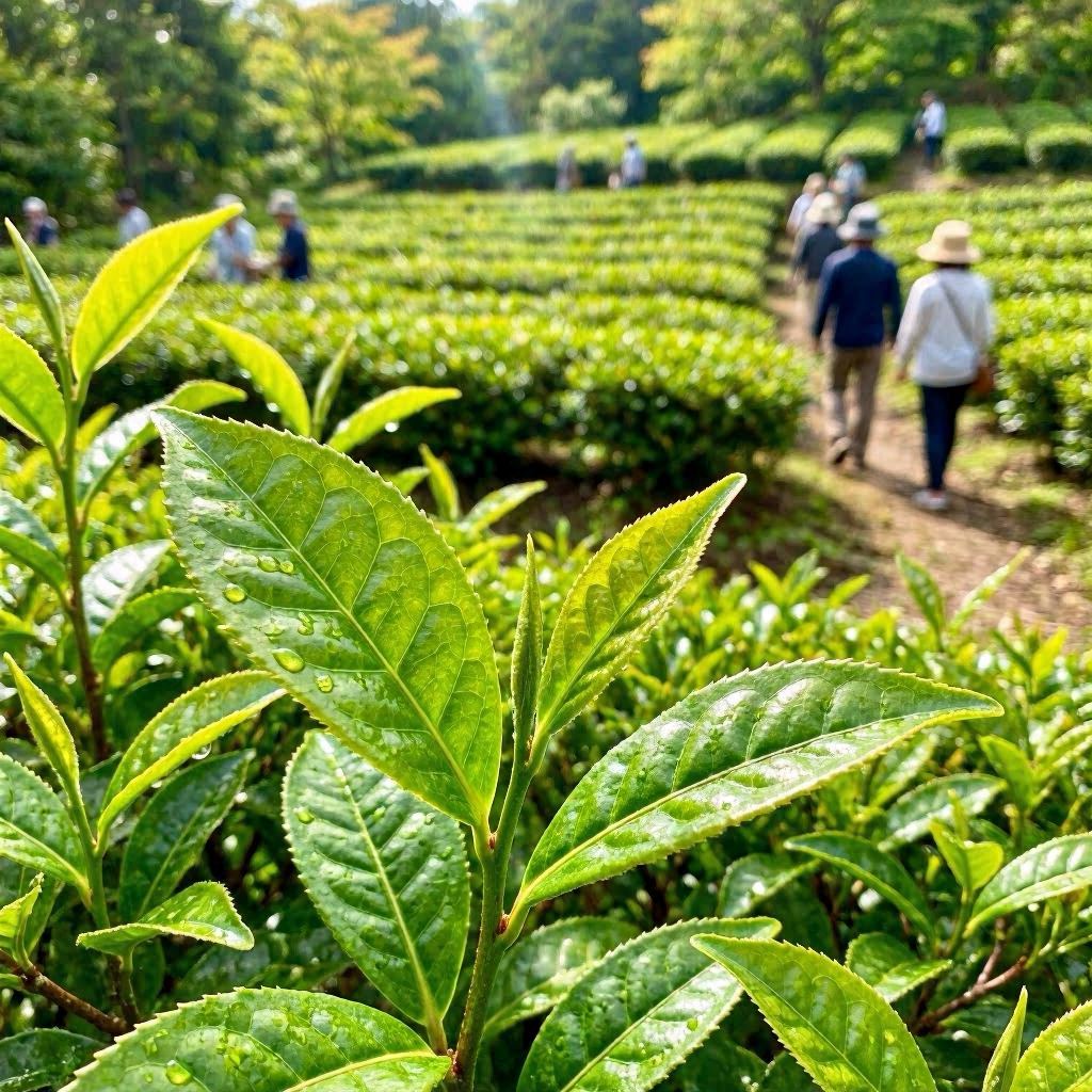 A close-up macro perspective of fresh tea leaves in Shizuoka, with blurred background showing people strolling through the plantation, sunlight filtering through leaves creating translucent green glow, shot on 100mm macro lens with creamy bokeh.