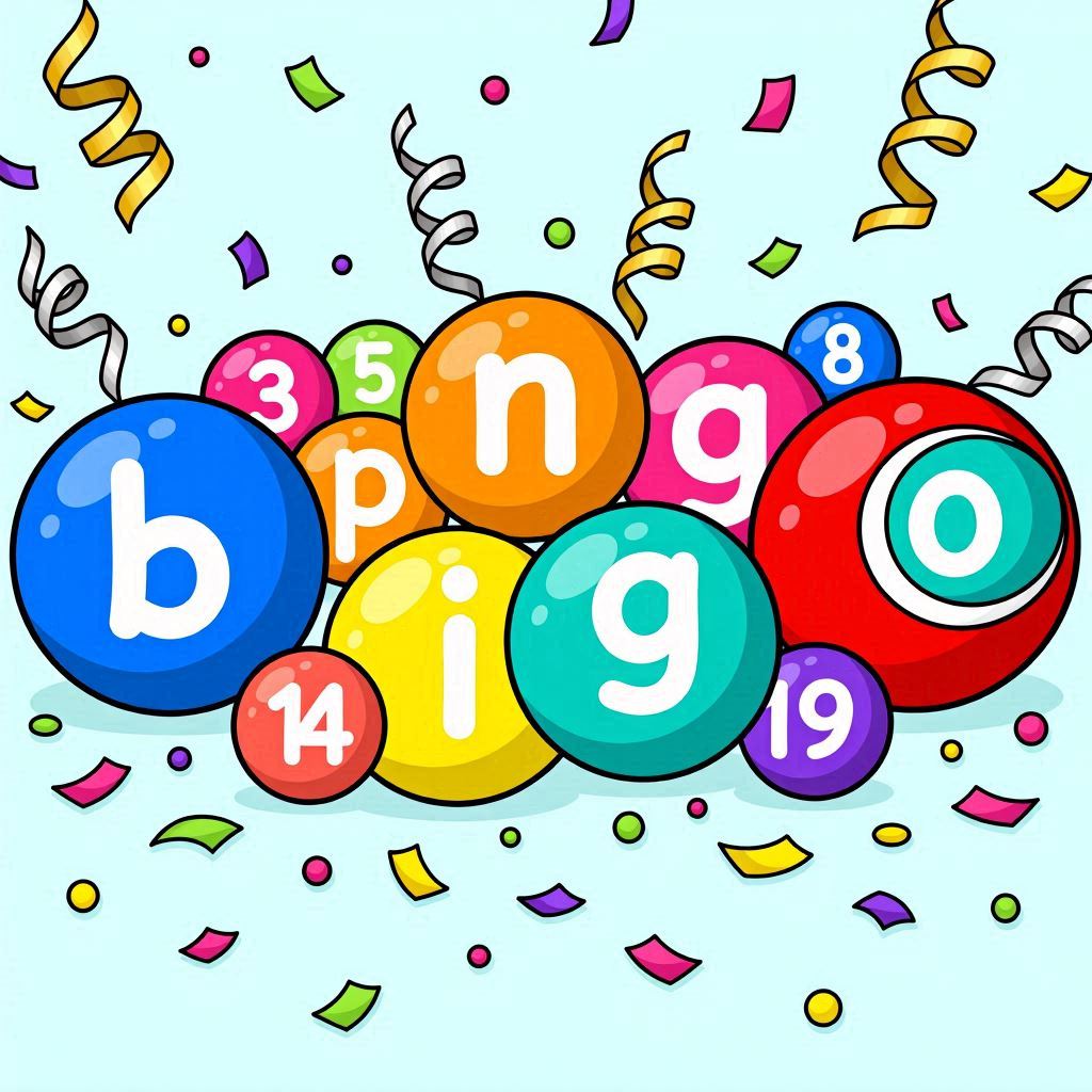 "A lively scene of colorful bingo balls spelling ""BINGO"" surrounded by confetti and streamers, bright saturated colors, cartoonish proportions, and thick black outlines, evoking a fun celebration atmosphere perfect for event flyers."